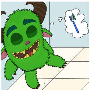 Se observa al monstruo Dentón del cuento los monstruos no se lavan los dientes, soñando con lavarse los dientes.